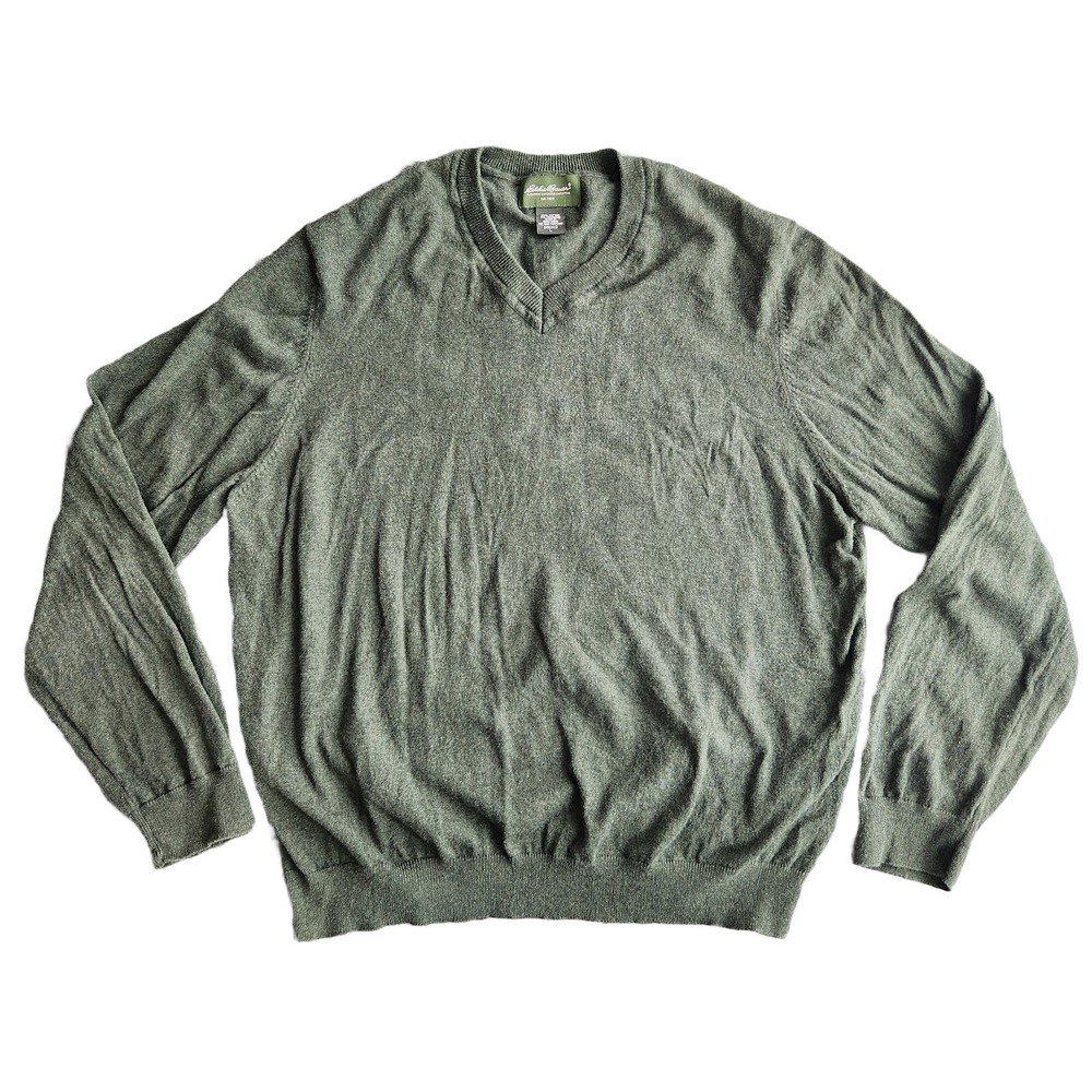 Eddie Bauer Mens V-Neck Sweater Olive Green Cotton Cashmere Blend L Outdoors‎